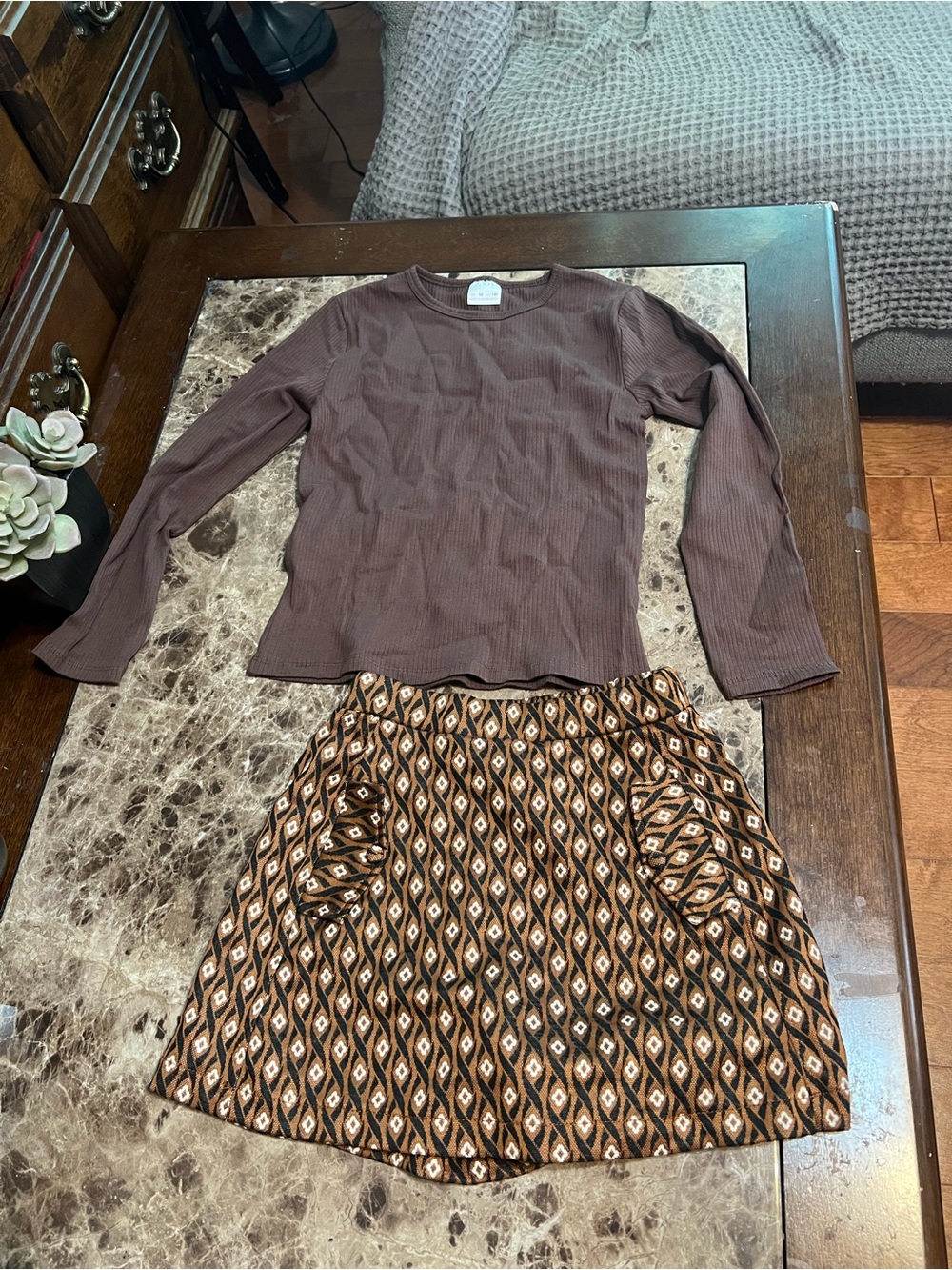 Zara Brown Ribbed Long-Sleeve Top with Brown Patterned Shorts Pajama Set